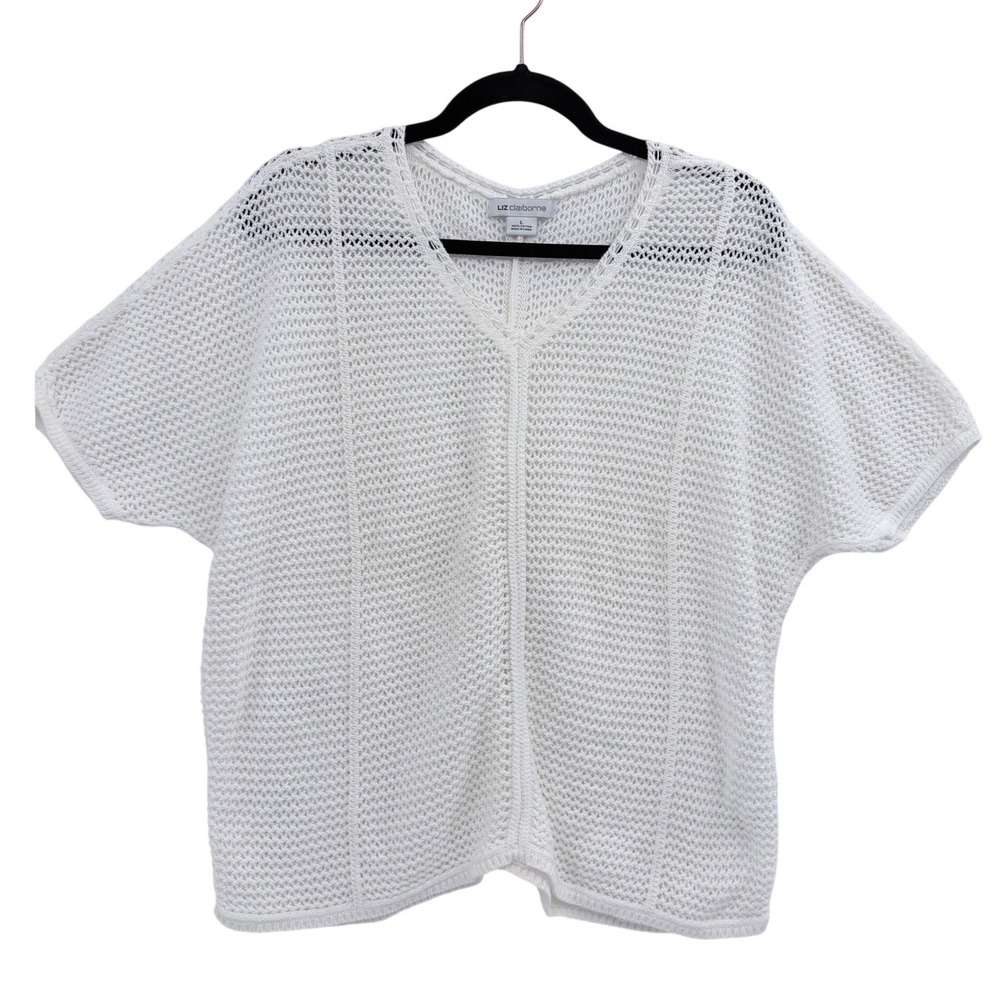 Liz Claiborne White Cotton Open Knit Short Sleeve V-Neck Sweater Large Airy